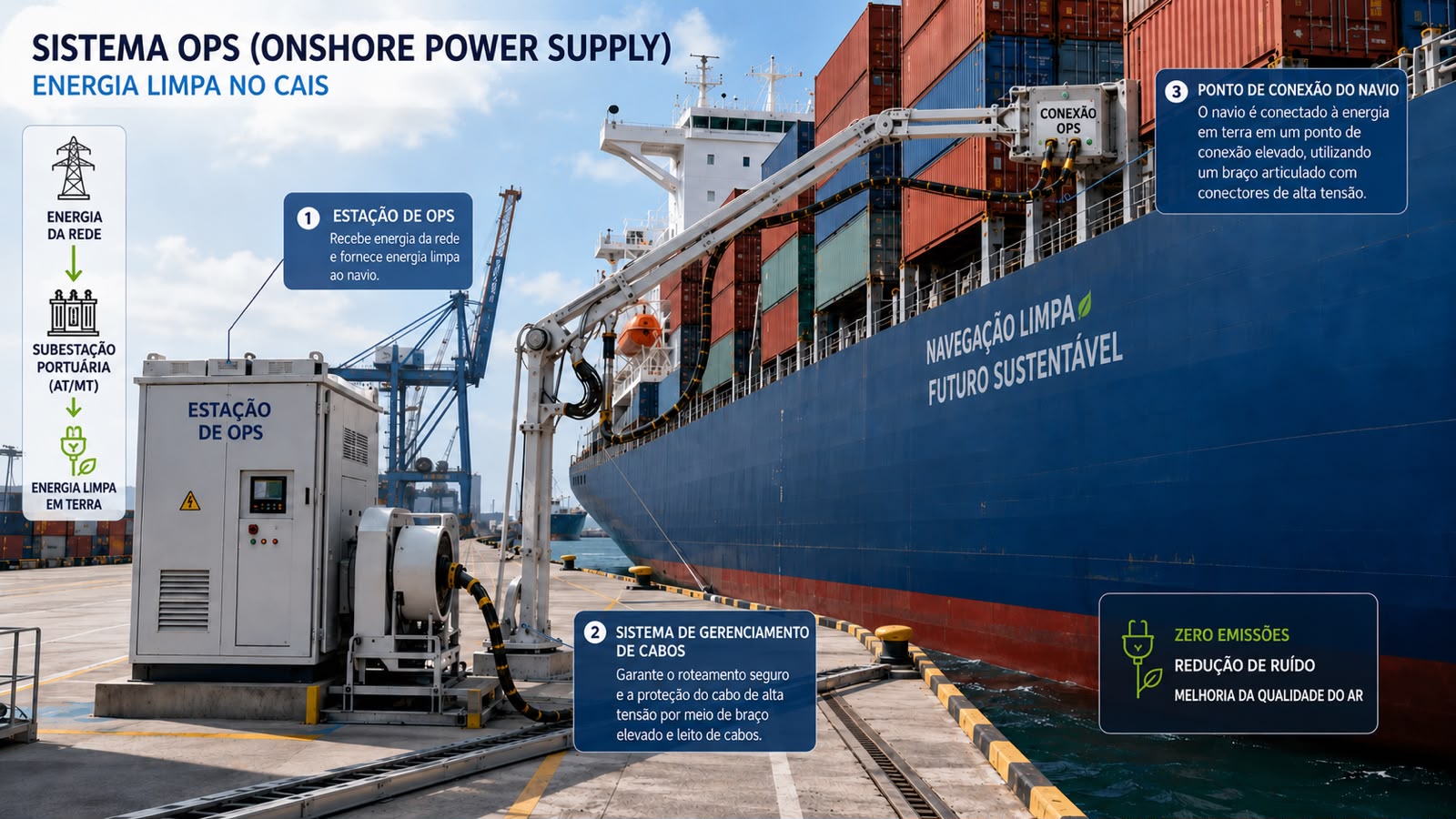 Imagem gerada por inteligência artificial ilustra o funcionamento do sistema OPS (Onshore Power Supply) em um porto, tecnologia que permite o fornecimento de energia elétrica (de fontes renováveis) em terra aos navios durante o período de atracação, reduzindo emissões atmosféricas e ruídos. SUAPE SISTEMA OPS2